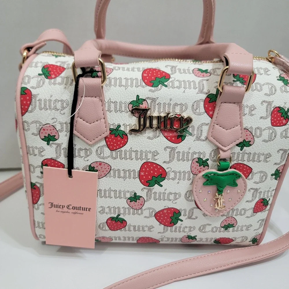 NEW Juicy Couture Pecan White Multi/Pink Diamond Freshly Picked Satchel Strawber